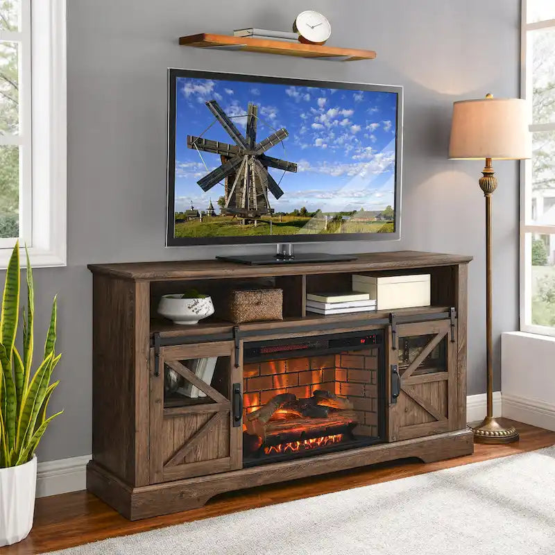 60" Reclaimed Barnwood TV Stand for 70" TVs with 1500W Electric Fireplace & Remote Control