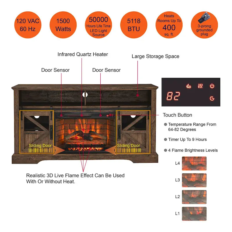 60" Reclaimed Barnwood TV Stand for 70" TVs with 1500W Electric Fireplace & Remote Control