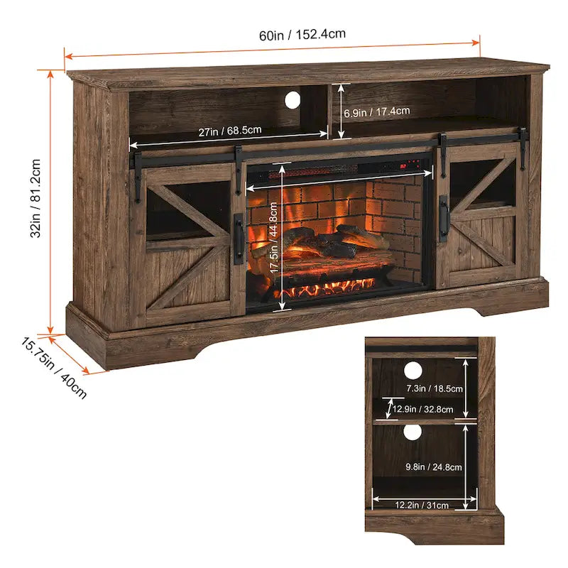 60" Reclaimed Barnwood TV Stand for 70" TVs with 1500W Electric Fireplace & Remote Control