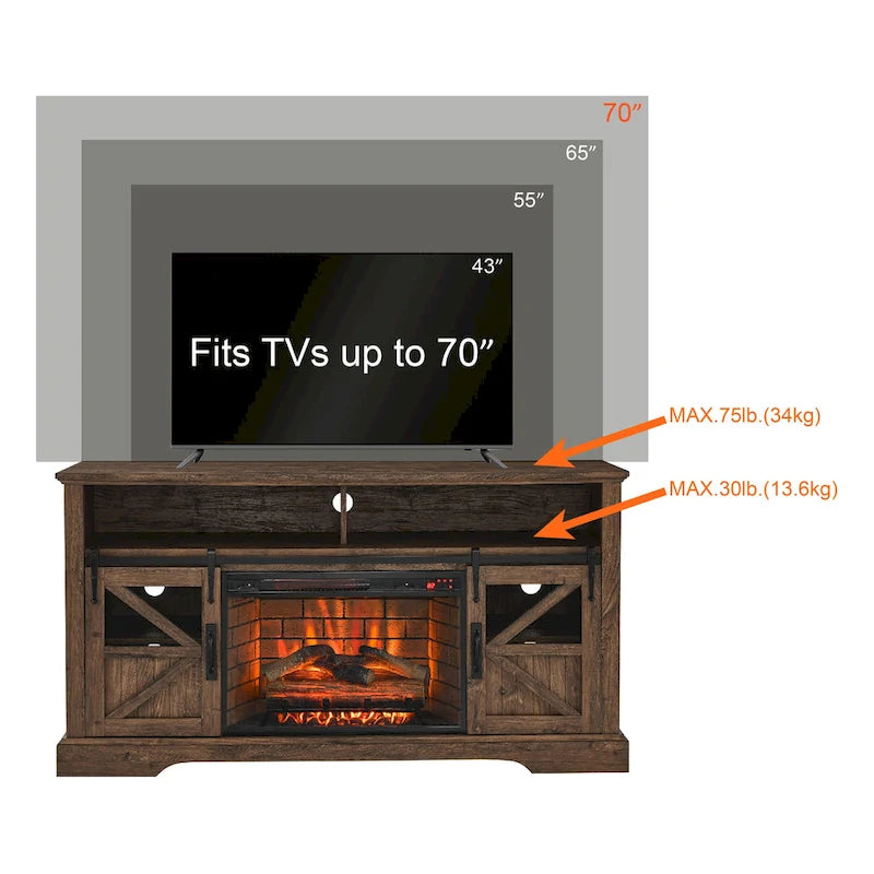 60" Reclaimed Barnwood TV Stand for 70" TVs with 1500W Electric Fireplace & Remote Control