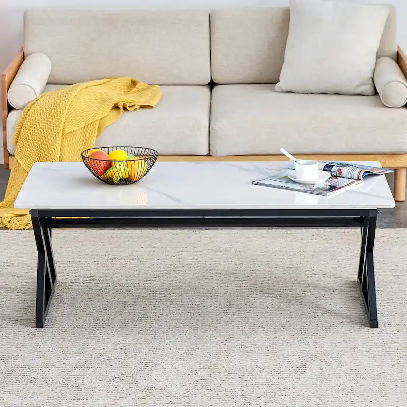 Modern Minimalist Marble Pattern Coffee Table with Black Metal Legs, Seats 2-4, Gold/Black