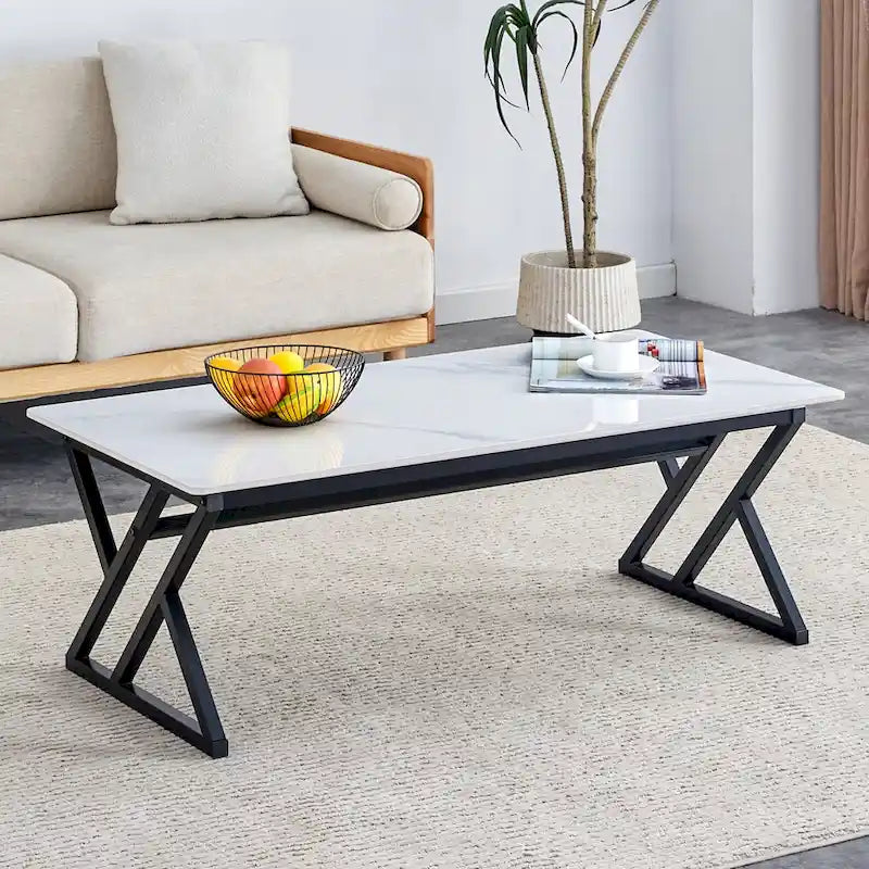 Modern Minimalist Marble Pattern Coffee Table with Black Metal Legs, Seats 2-4, Gold/Black