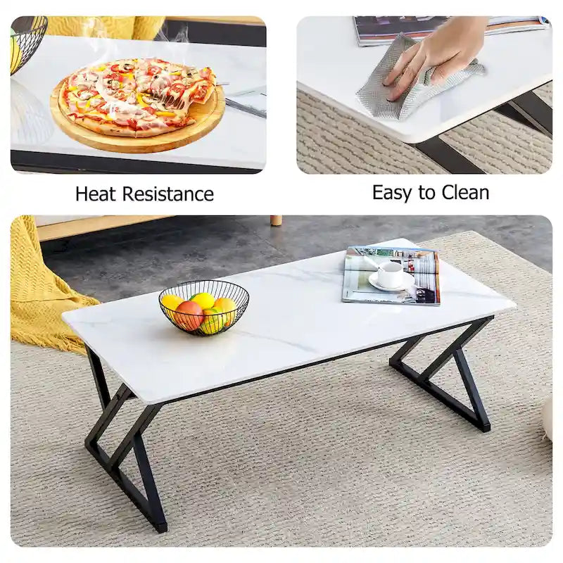 Modern Minimalist Marble Pattern Coffee Table with Black Metal Legs, Seats 2-4, Gold/Black