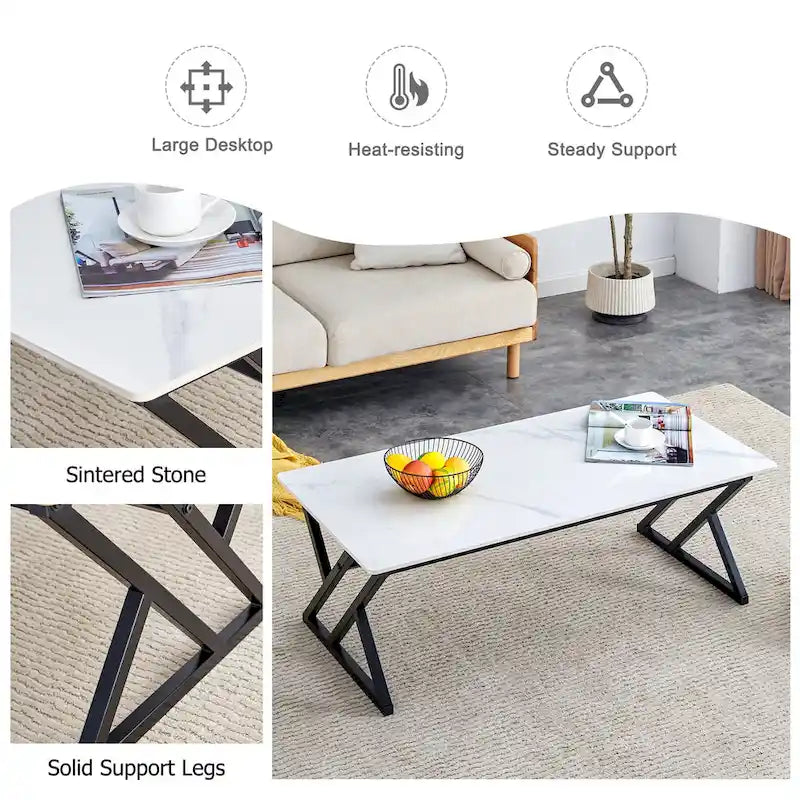 Modern Minimalist Marble Pattern Coffee Table with Black Metal Legs, Seats 2-4, Gold/Black