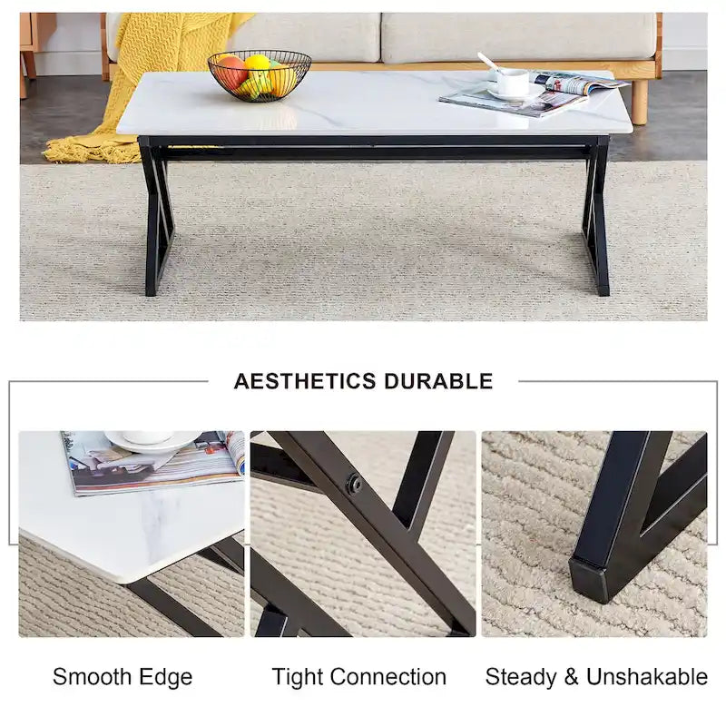 Modern Minimalist Marble Pattern Coffee Table with Black Metal Legs, Seats 2-4, Gold/Black