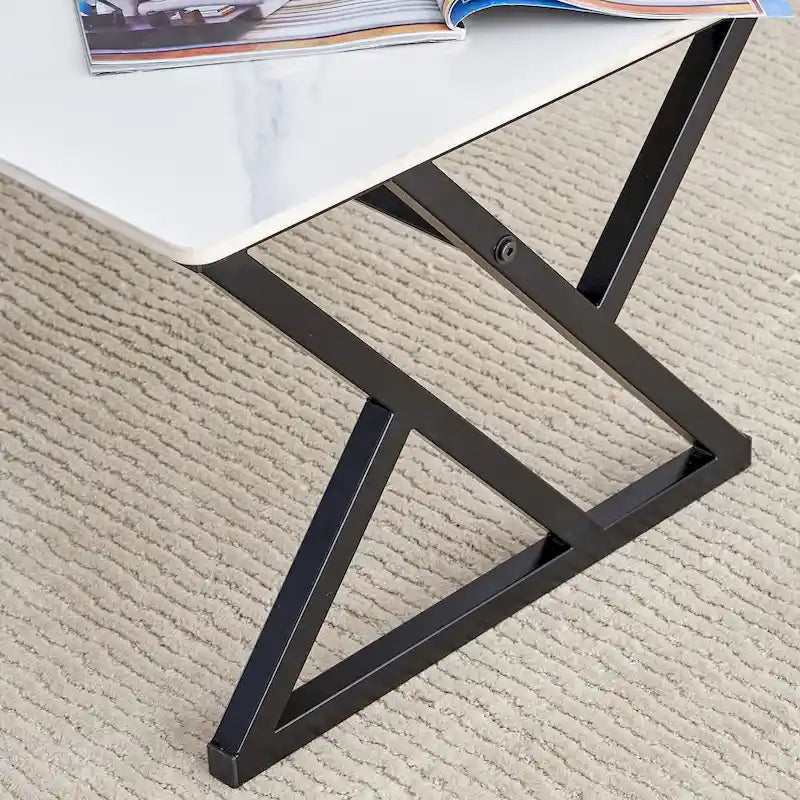 Modern Minimalist Marble Pattern Coffee Table with Black Metal Legs, Seats 2-4, Gold/Black