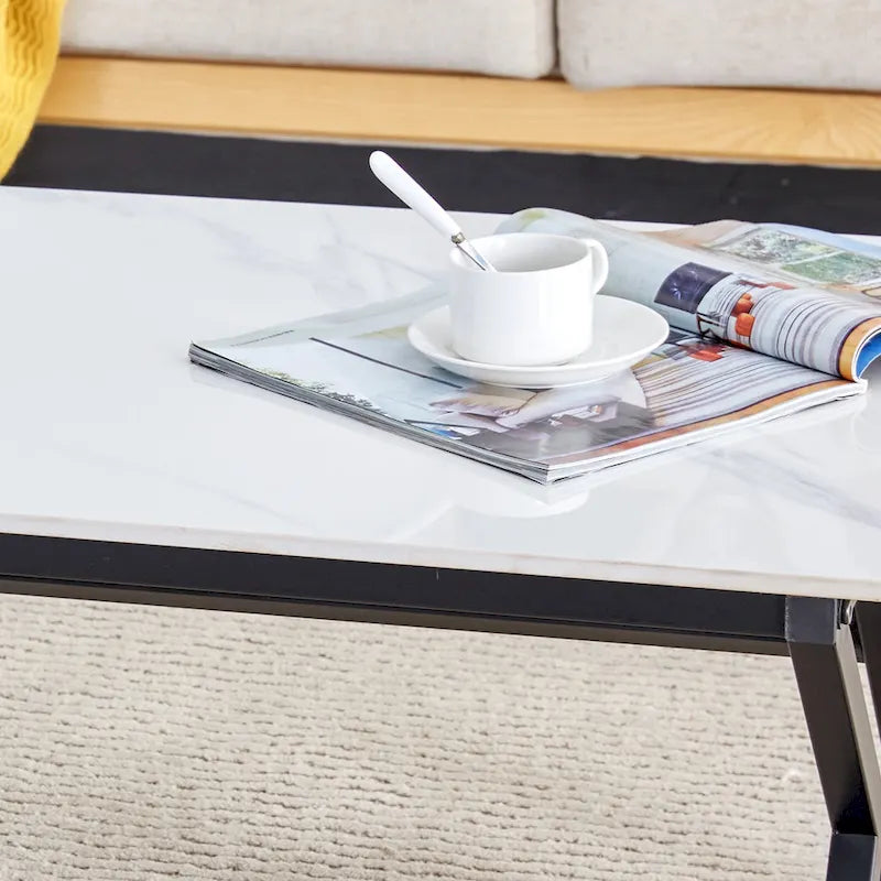 Modern Minimalist Marble Pattern Coffee Table with Black Metal Legs, Seats 2-4, Gold/Black