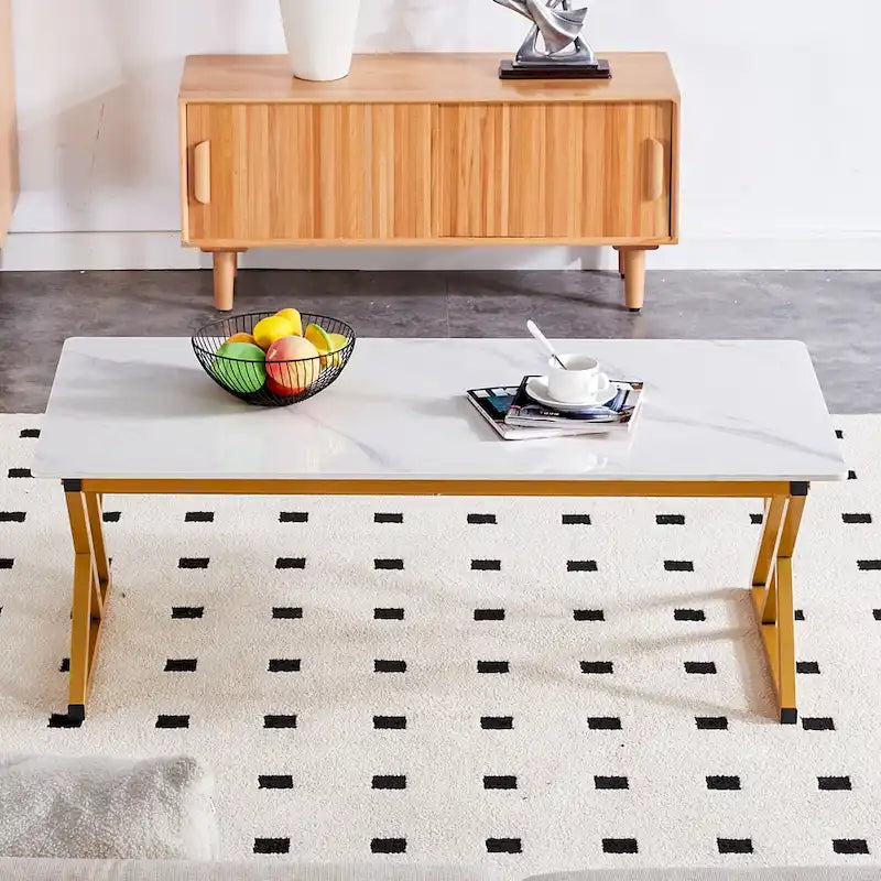 Modern Minimalist Marble Pattern Coffee Table with Black Metal Legs, Seats 2-4, Gold/Black