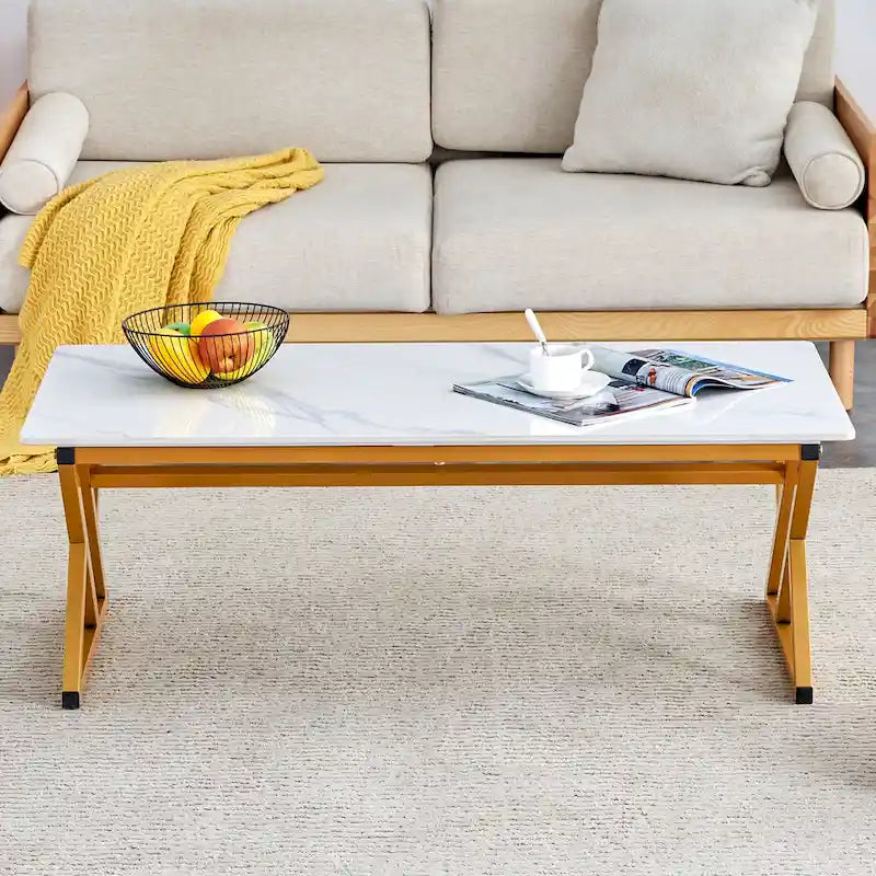 Modern Minimalist Marble Pattern Coffee Table with Black Metal Legs, Seats 2-4, Gold/Black