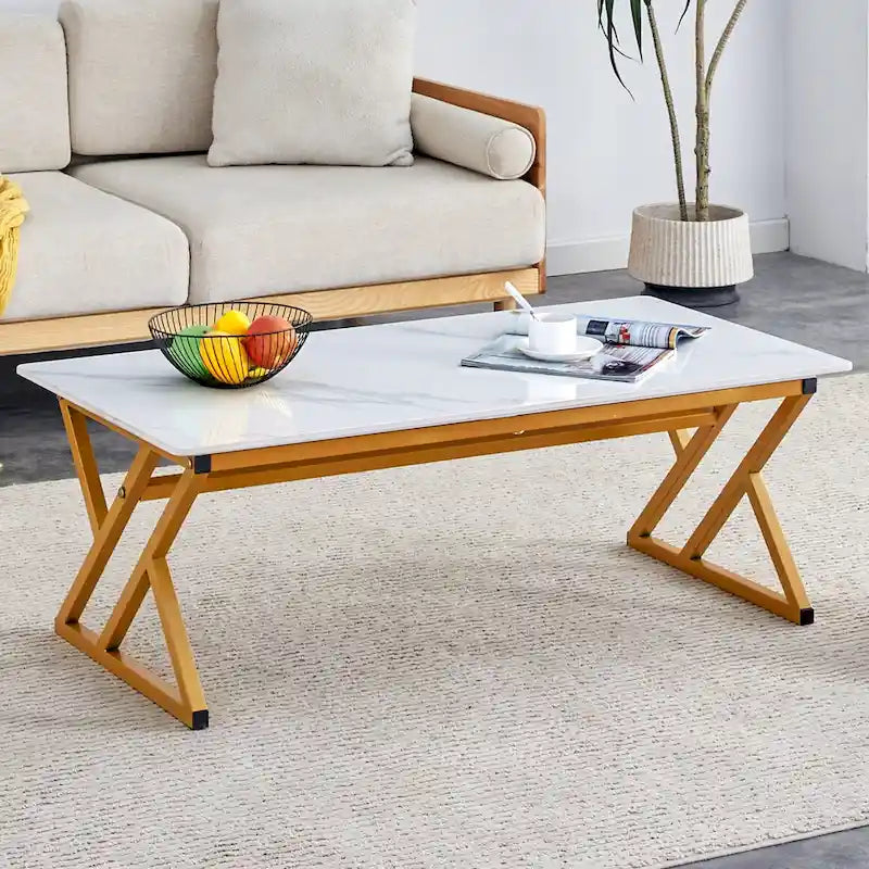 Modern Minimalist Marble Pattern Coffee Table with Black Metal Legs, Seats 2-4, Gold/Black