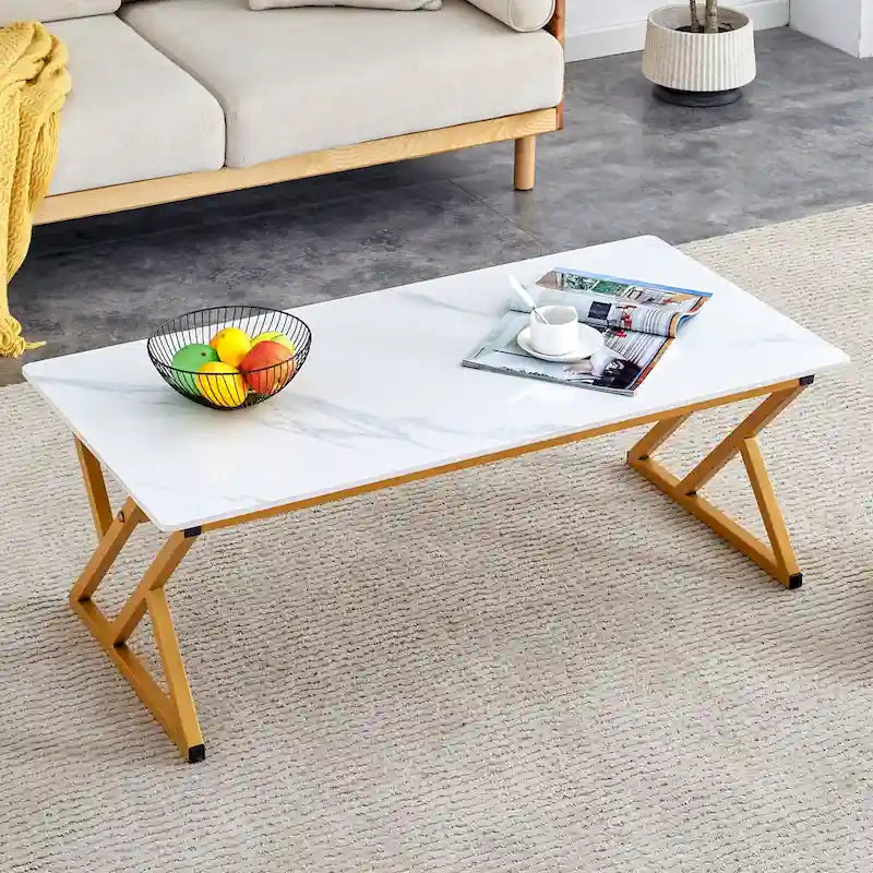 Modern Minimalist Marble Pattern Coffee Table with Black Metal Legs, Seats 2-4, Gold/Black