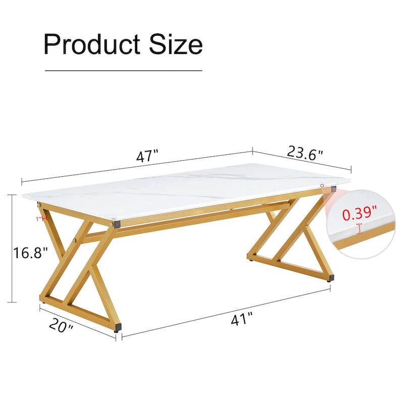 Modern Minimalist Marble Pattern Coffee Table with Black Metal Legs, Seats 2-4, Gold/Black
