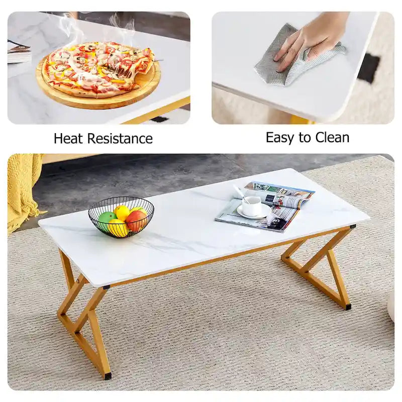 Modern Minimalist Marble Pattern Coffee Table with Black Metal Legs, Seats 2-4, Gold/Black