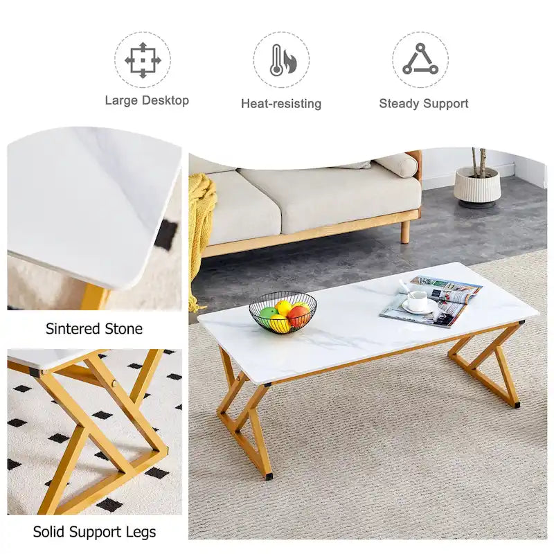 Modern Minimalist Marble Pattern Coffee Table with Black Metal Legs, Seats 2-4, Gold/Black