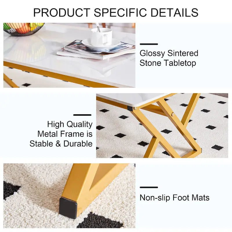 Modern Minimalist Marble Pattern Coffee Table with Black Metal Legs, Seats 2-4, Gold/Black