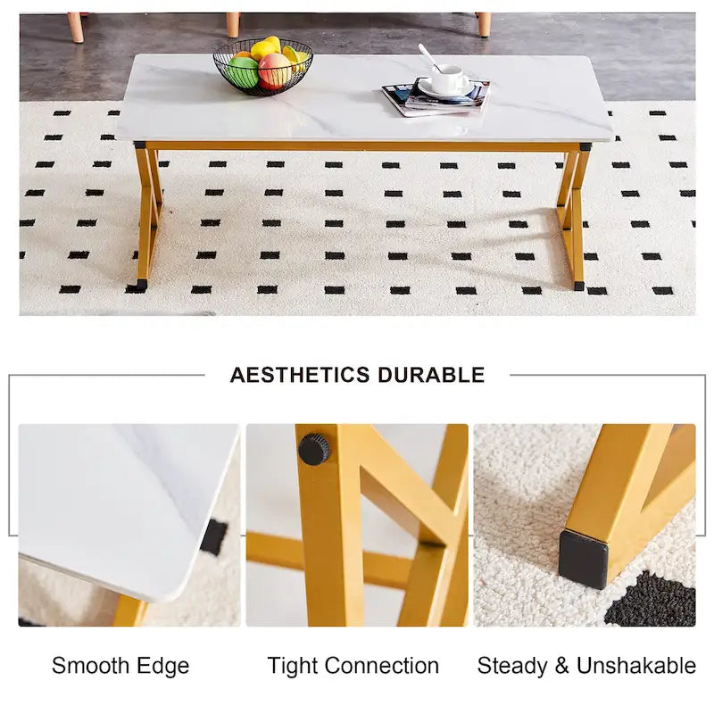 Modern Minimalist Marble Pattern Coffee Table with Black Metal Legs, Seats 2-4, Gold/Black
