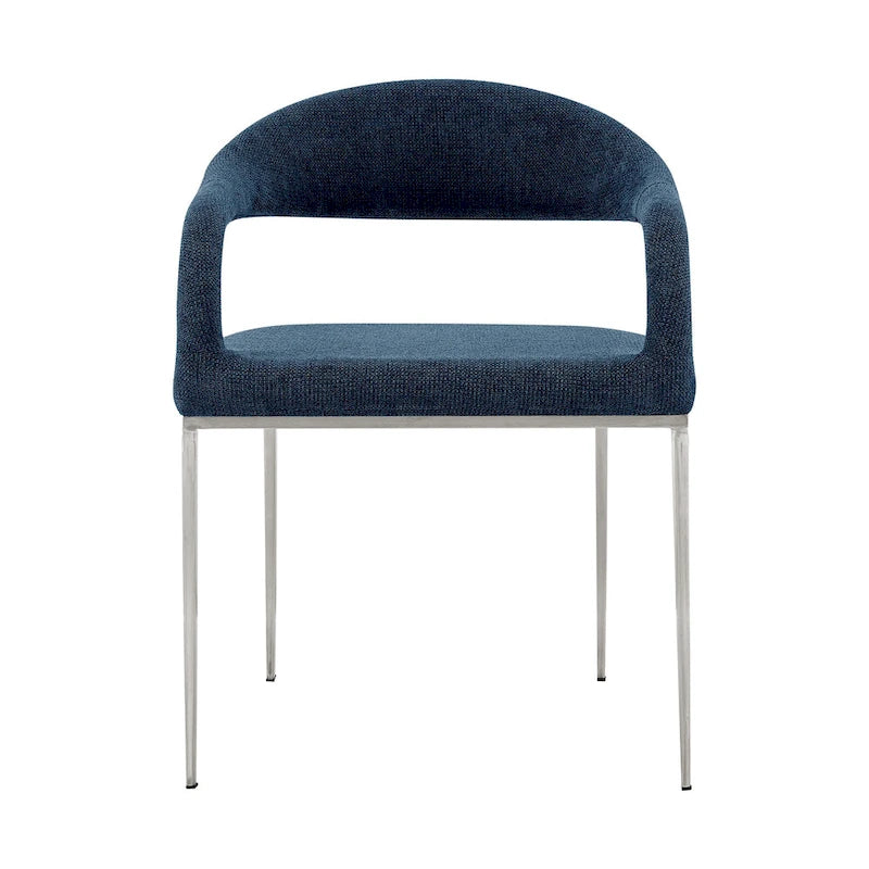 Set of 2 Blue Polyester Upholstered Dining Arm Chairs with Stainless Steel Frame, Open Back