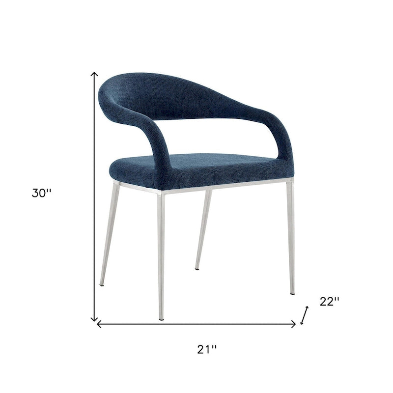 Set of 2 Blue Polyester Upholstered Dining Arm Chairs with Stainless Steel Frame, Open Back