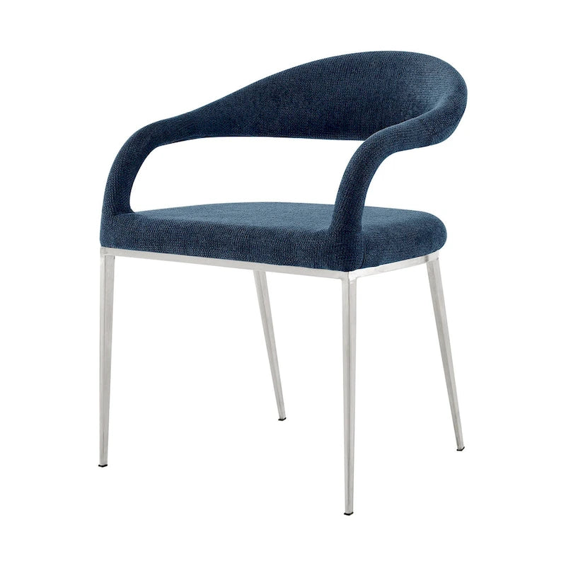 Set of 2 Blue Polyester Upholstered Dining Arm Chairs with Stainless Steel Frame, Open Back