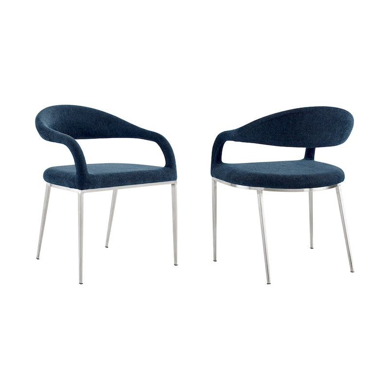 Set of 2 Blue Polyester Upholstered Dining Arm Chairs with Stainless Steel Frame, Open Back