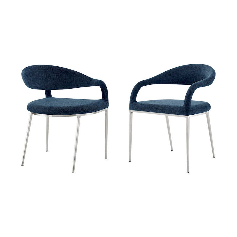 Set of 2 Blue Polyester Upholstered Dining Arm Chairs with Stainless Steel Frame, Open Back