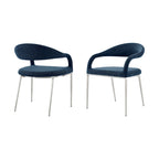 Set of 2 Blue Polyester Upholstered Dining Arm Chairs with Stainless Steel Frame, Open Back