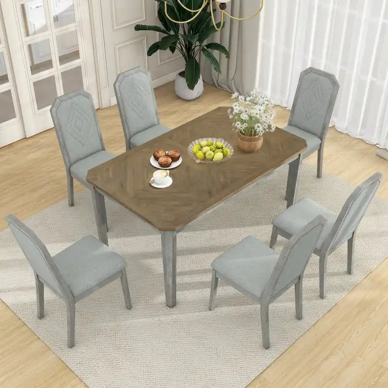 Farmhouse 7-Piece Dining Set, Distressed MDF/Acacia Table & 6 Upholstered Chairs, Brown/Natural