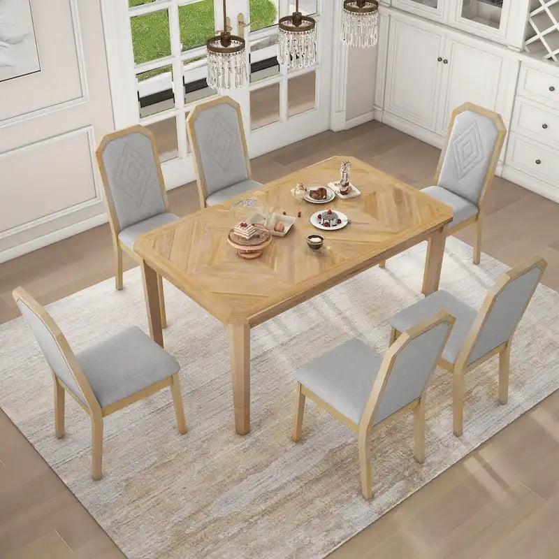Farmhouse 7-Piece Dining Set, Distressed MDF/Acacia Table & 6 Upholstered Chairs, Brown/Natural