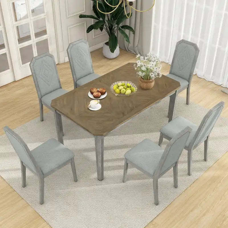Farmhouse 7-Piece Dining Set, Distressed MDF/Acacia Table & 6 Upholstered Chairs, Brown/Natural