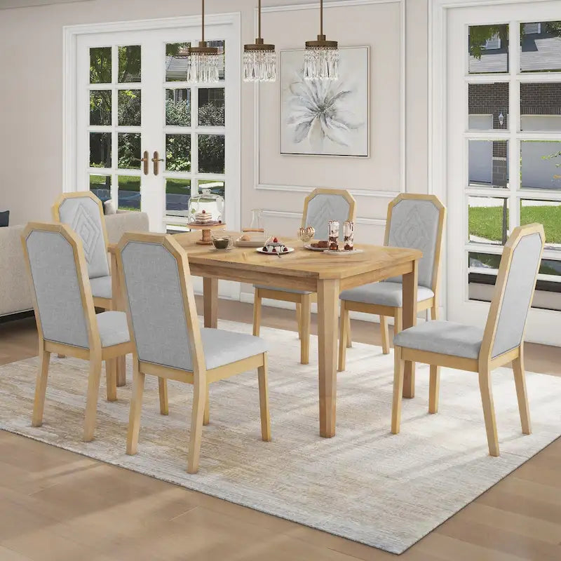 Farmhouse 7-Piece Dining Set, Distressed MDF/Acacia Table & 6 Upholstered Chairs, Brown/Natural