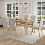 Farmhouse 7-Piece Dining Set, Distressed MDF/Acacia Table & 6 Upholstered Chairs, Brown/Natural