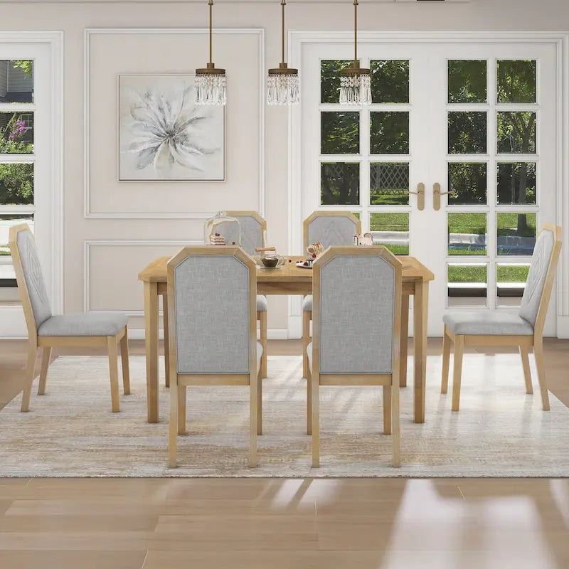 Farmhouse 7-Piece Dining Set, Distressed MDF/Acacia Table & 6 Upholstered Chairs, Brown/Natural