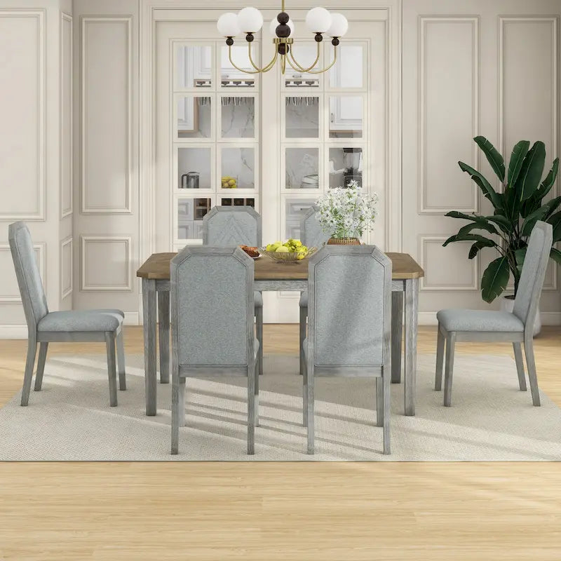 Farmhouse 7-Piece Dining Set, Distressed MDF/Acacia Table & 6 Upholstered Chairs, Brown/Natural