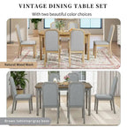 Farmhouse 7-Piece Dining Set, Distressed MDF/Acacia Table & 6 Upholstered Chairs, Brown/Natural