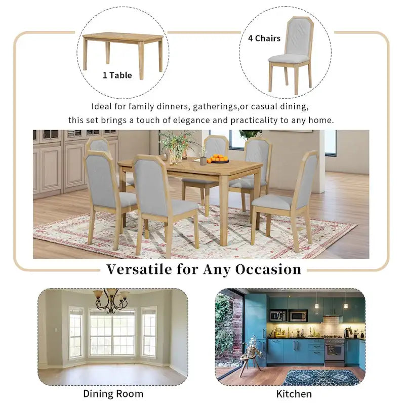 Farmhouse 7-Piece Dining Set, Distressed MDF/Acacia Table & 6 Upholstered Chairs, Brown/Natural