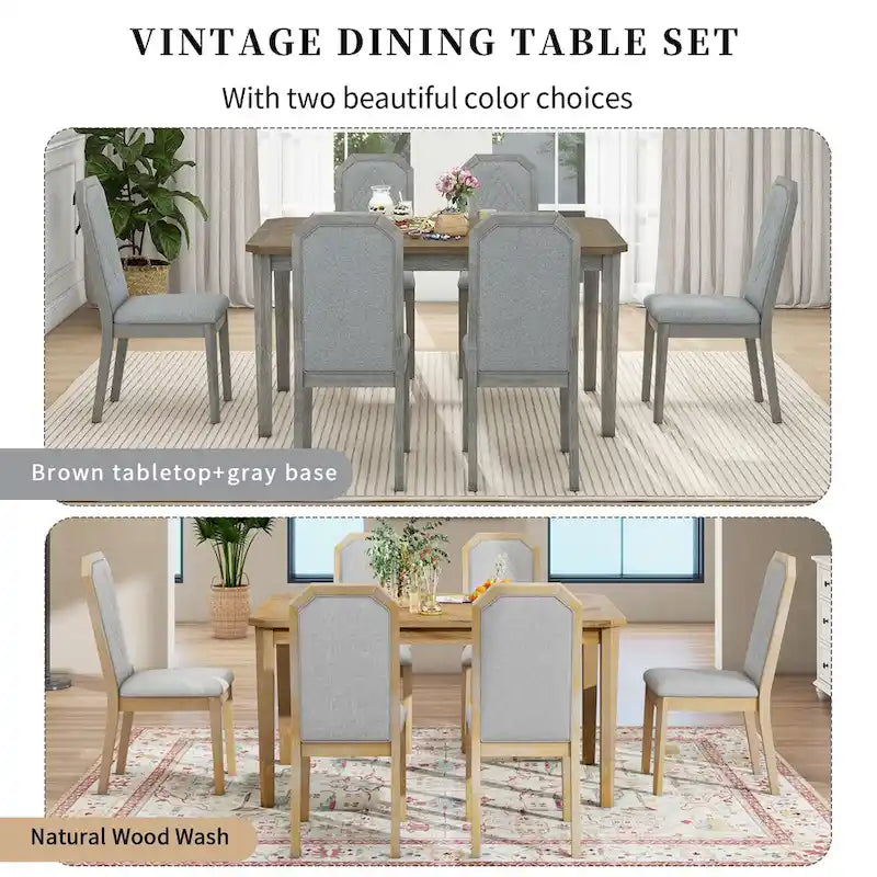 Farmhouse 7-Piece Dining Set, Distressed MDF/Acacia Table & 6 Upholstered Chairs, Brown/Natural