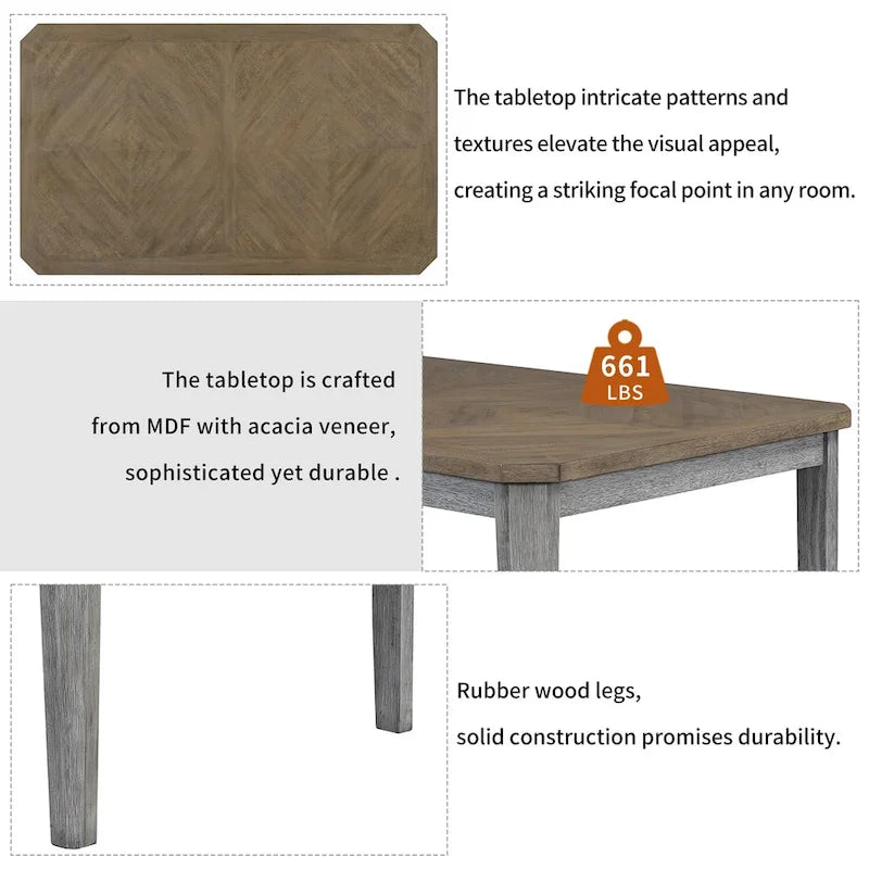 Farmhouse 7-Piece Dining Set, Distressed MDF/Acacia Table & 6 Upholstered Chairs, Brown/Natural