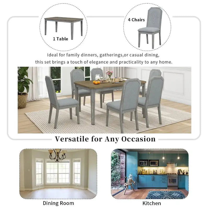 Farmhouse 7-Piece Dining Set, Distressed MDF/Acacia Table & 6 Upholstered Chairs, Brown/Natural