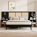 Queen Size Solid Wood Bed Frame with 2 Nightstands, Built-in Lamps, Rattan & Wood Design,Black