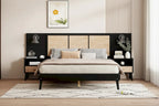 Queen Size Solid Wood Bed Frame with 2 Nightstands, Built-in Lamps, Rattan & Wood Design,Black