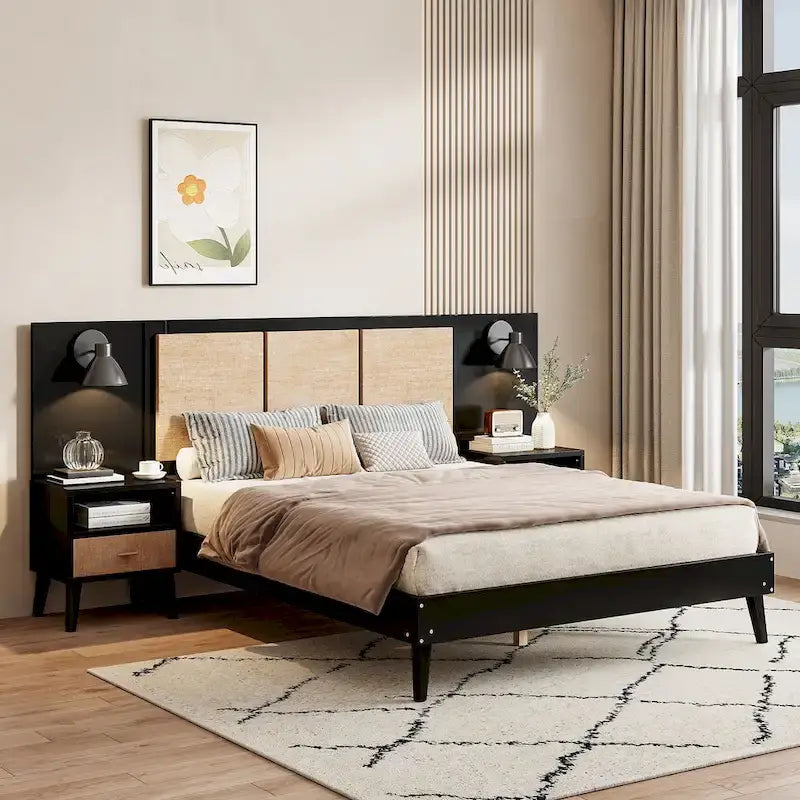 Queen Size Solid Wood Bed Frame with 2 Nightstands, Built-in Lamps, Rattan & Wood Design,Black