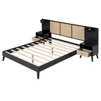 Queen Size Solid Wood Bed Frame with 2 Nightstands, Built-in Lamps, Rattan & Wood Design,Black