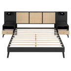 Queen Size Solid Wood Bed Frame with 2 Nightstands, Built-in Lamps, Rattan & Wood Design,Black