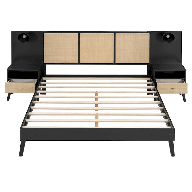 Queen Size Solid Wood Bed Frame with 2 Nightstands, Built-in Lamps, Rattan & Wood Design,Black