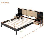 Queen Size Solid Wood Bed Frame with 2 Nightstands, Built-in Lamps, Rattan & Wood Design,Black