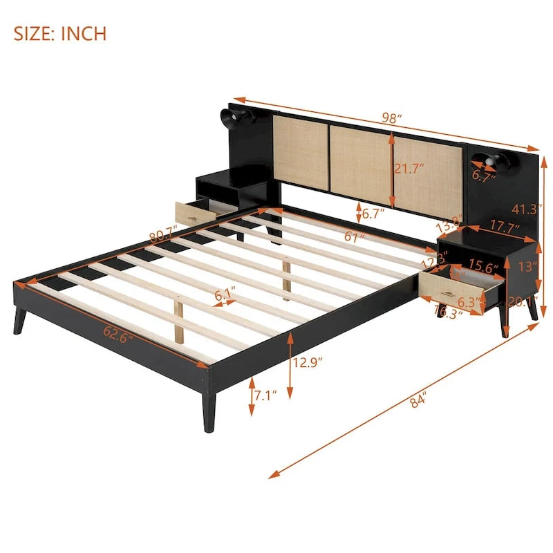 Queen Size Solid Wood Bed Frame with 2 Nightstands, Built-in Lamps, Rattan & Wood Design,Black