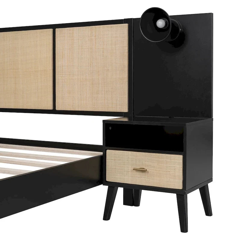 Queen Size Solid Wood Bed Frame with 2 Nightstands, Built-in Lamps, Rattan & Wood Design,Black