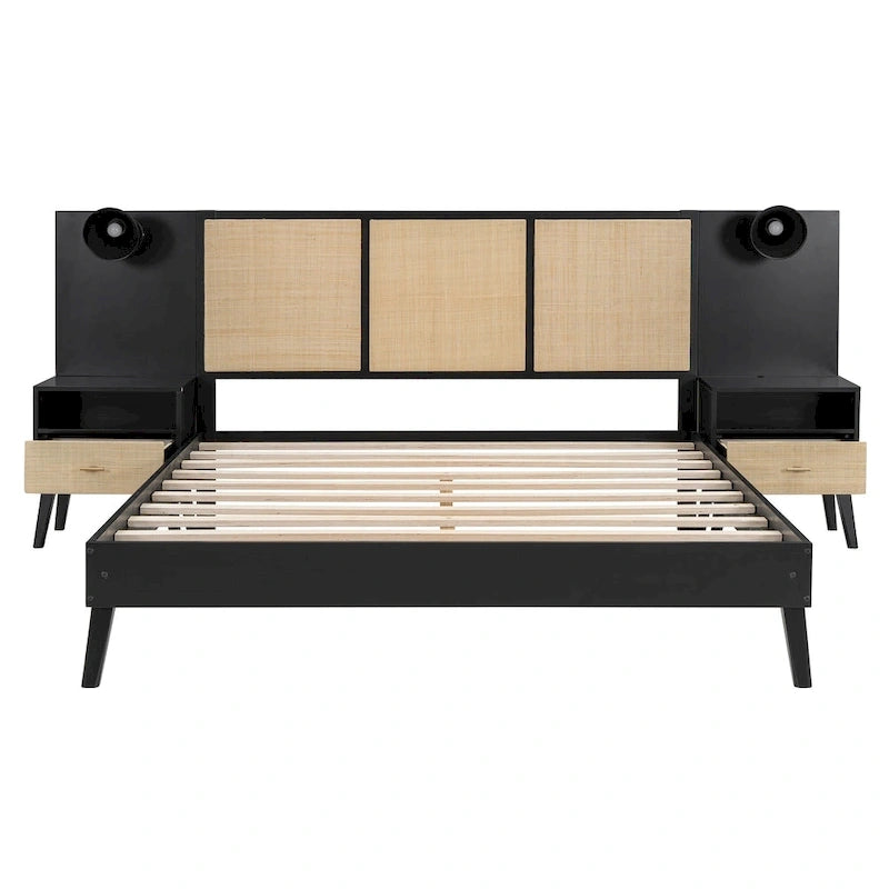 Queen Size Solid Wood Bed Frame with 2 Nightstands, Built-in Lamps, Rattan & Wood Design,Black
