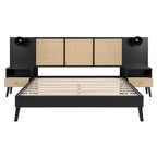Queen Size Solid Wood Bed Frame with 2 Nightstands, Built-in Lamps, Rattan & Wood Design,Black