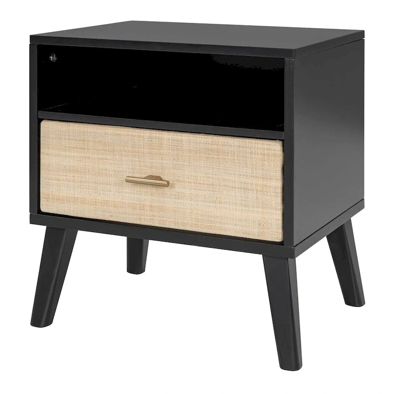 Queen Size Solid Wood Bed Frame with 2 Nightstands, Built-in Lamps, Rattan & Wood Design,Black